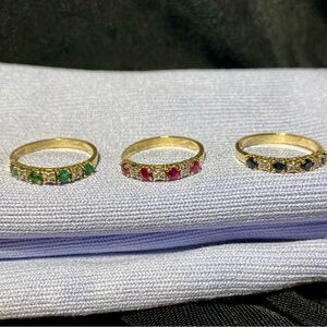 Vintage 10kt GP Stack Rings featuring Rubies, Emeralds & Sapphires.  Size 6.5